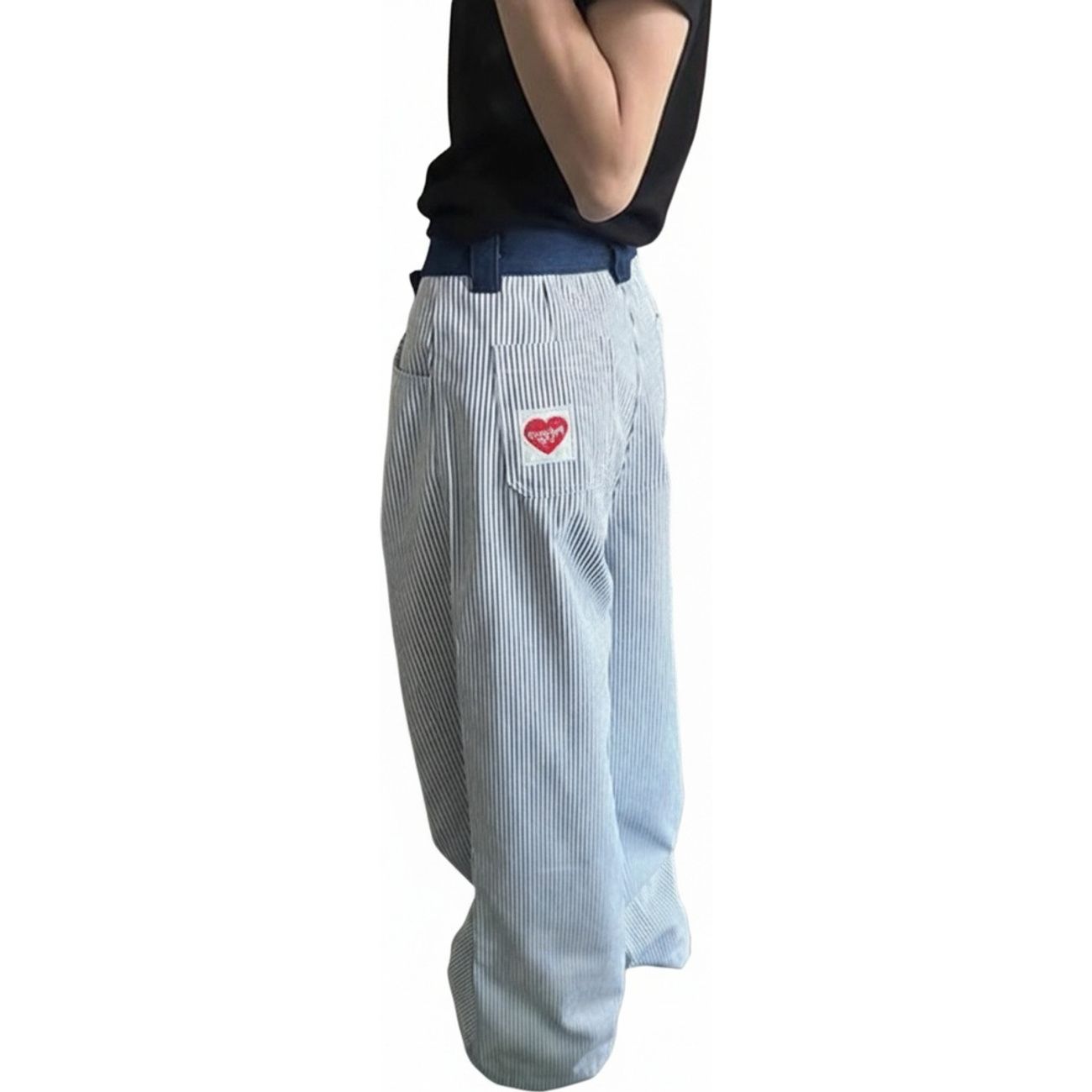 ストライプパンツ レディース ヒッコリー デニム ハート 刺繍 ハイウエスト ワイド ストレート カジュアル アメカジ レトロ 春 夏 水色 ゆったり