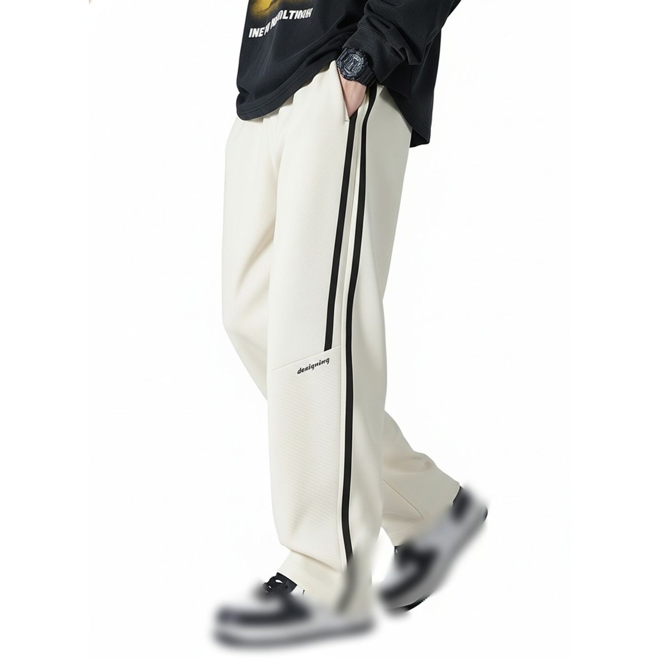 スウェットパンツ メンズ ワイドパンツ サイドライン ストリート系 ゆったり 無地 ビッグシルエット ロングパンツ 春 秋 カジュアル ウエストゴム ドローストリング 通気性 ズボン