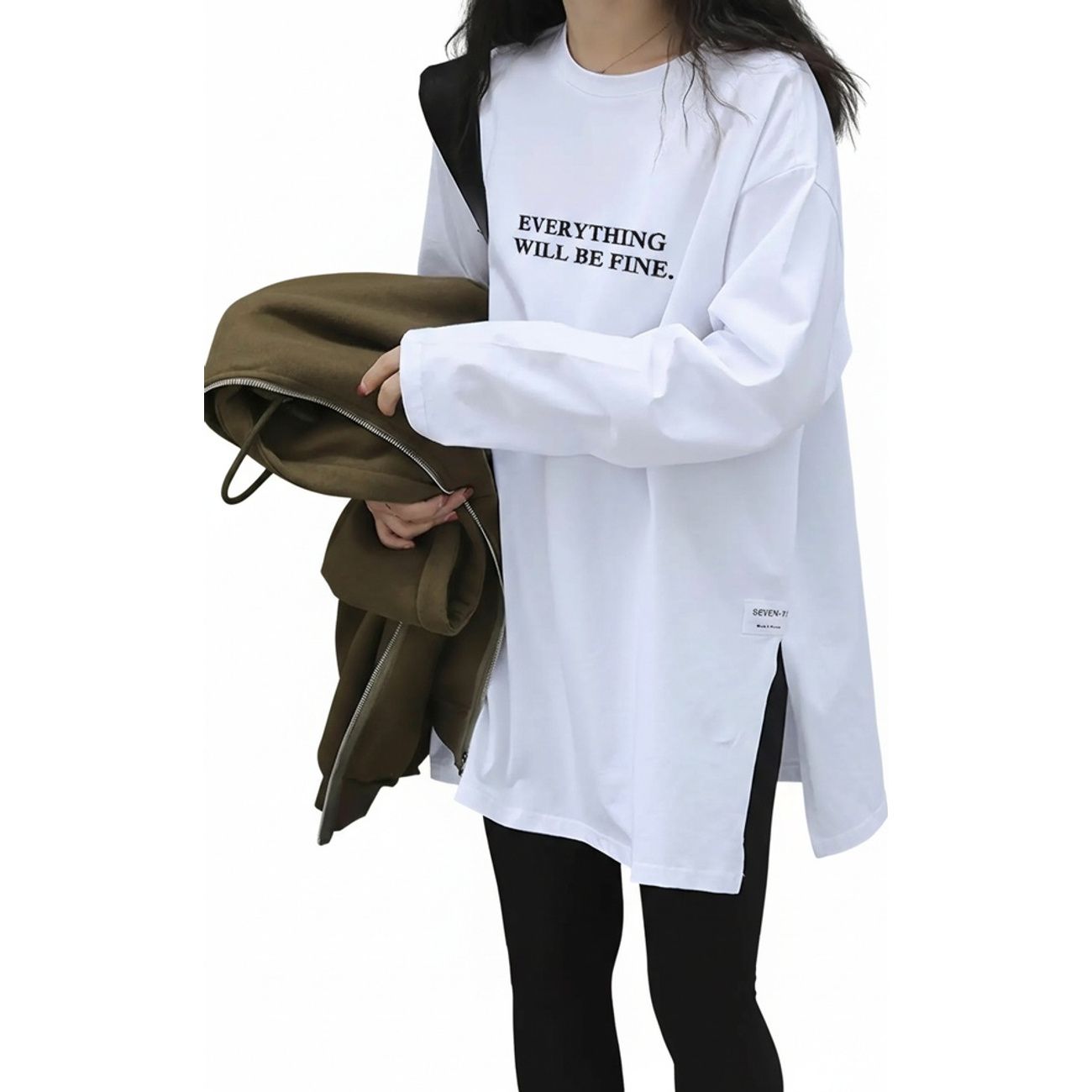 長袖 Tシャツ レディース ゆったり ビッグシルエット ロンT ロゴ トップス ロング丈 カットソー クルーネック サイドスリット 体型カバー チュニック 可愛い 大人 カジュアル おしゃれ