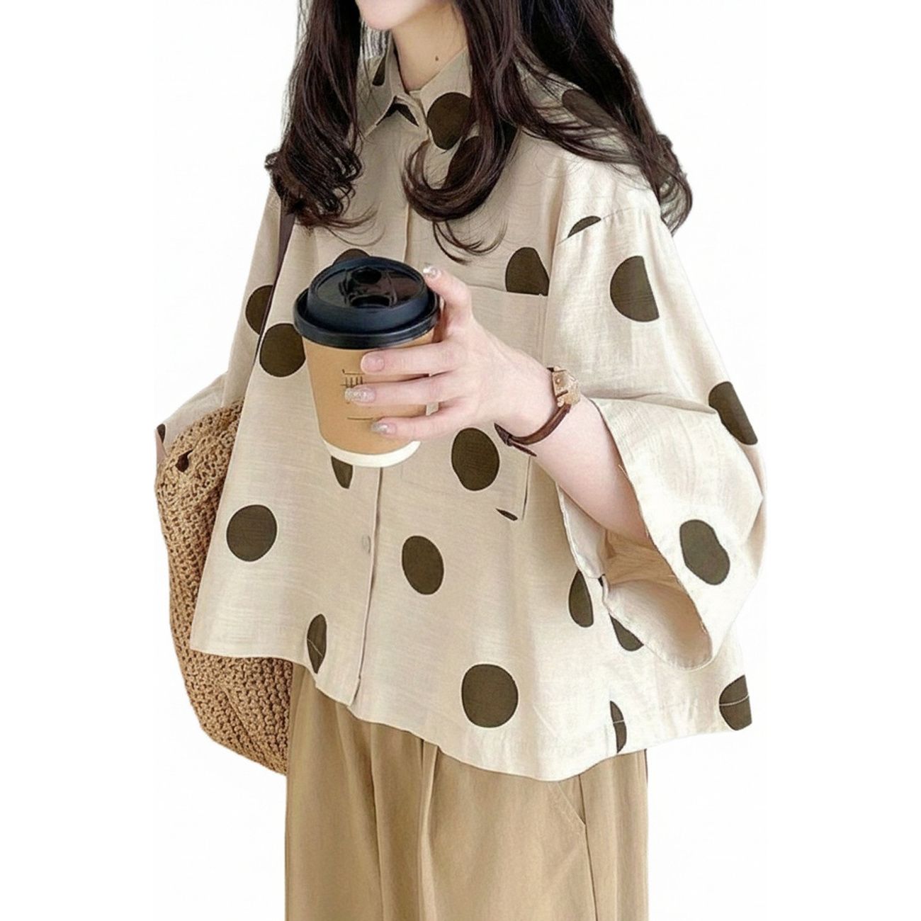 ブラウス レディース 半袖 七分袖 ドット柄 シャツ ゆったり 春夏 トップス レトロ カジュアル 大人可愛い ショート丈 体型カバー おしゃれ きれいめ 柔らかい 襟付き 通気性 羽織り