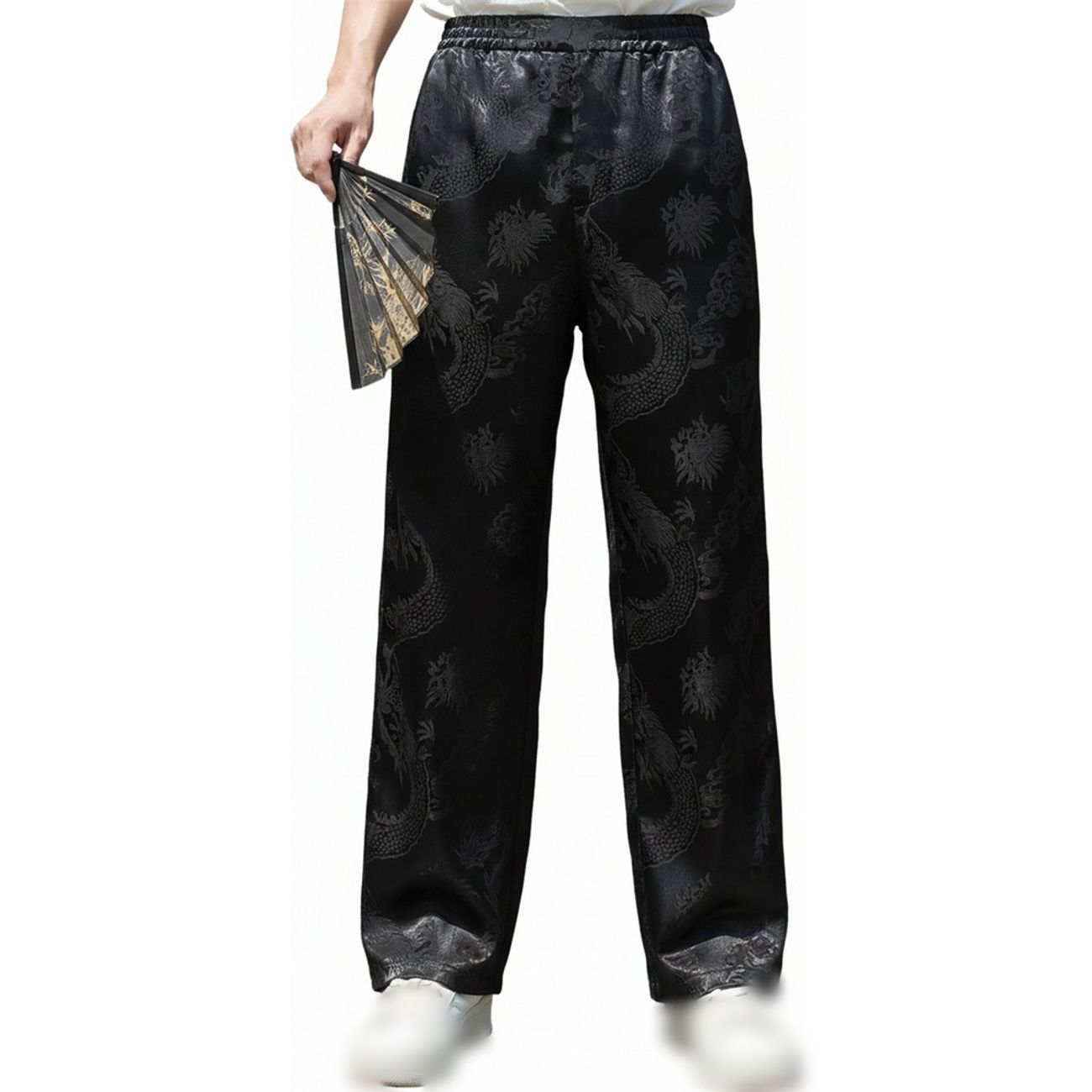 龍柄 ワイドパンツ メンズ サテン チャイナ風 イージーパンツ ゆったり ストレート アイスシルク 涼しい 接触冷感 ズボン カジュアル ジャガード 刺繍風 ファッション 個性的 夏 派手
